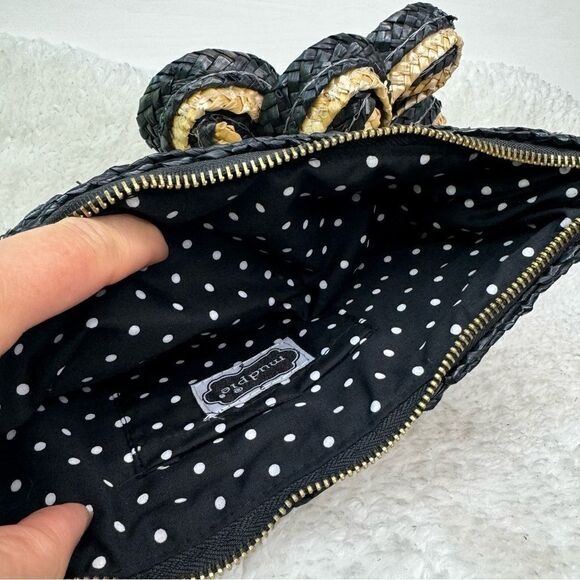 MudPie Clutch Flower Handbag Natural Woven Wheat Straw black Gold Accent Stripes - Picture 3 of 16